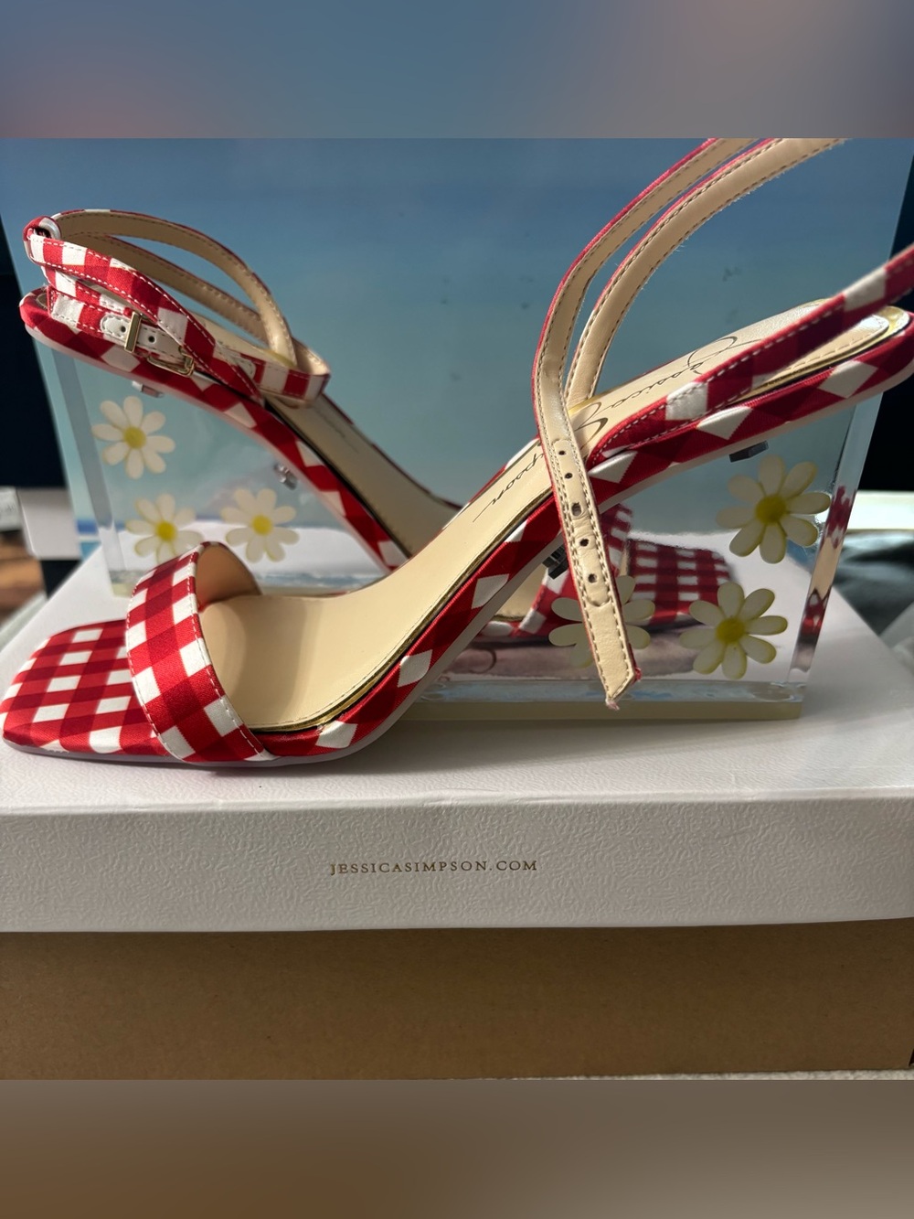 Jessica Simpson Red & White Gingham Ankle-Strap Daisy wedge Aysie - size7.5